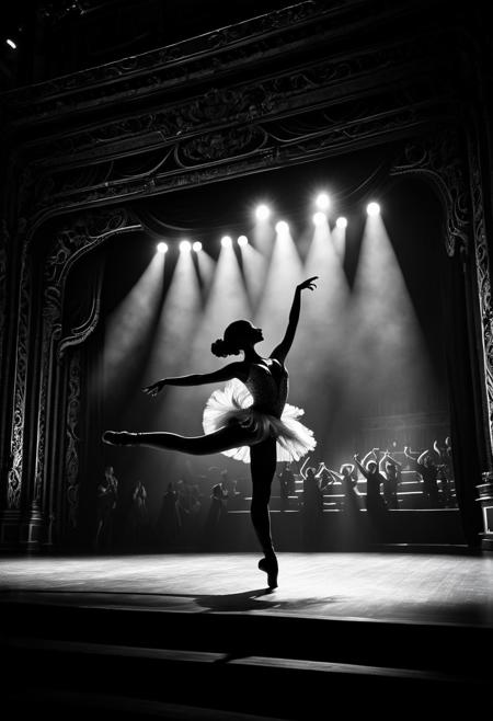 Play with contrast by merging a dancer's graceful movements with the dramatic lighting of a theater stage, their silhouette blending with the spotlight. Use a monochrome digital camera to capture the scene in black and white.intricate details , 4k,wallpaper