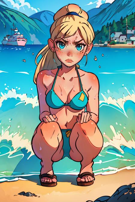 (best quality, masterpiece1.2), (detailed eye:1.2), intricate detail, depth of field, 1girl, in water, (blonde:1.3), blush, freckles, ocean, long ponytail, bikini, looking at viewer, (wet:1.2), squatting, angry, sandals