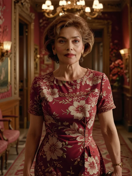 full body view of beautiful 56 years old mature elderly  lady  with a perfect curvy body and beautiful face standing, posing in dark red formal flower pattern dress (in ornate ancient french romantic detailed law office room), perfect detailed eyes, perfect detailed face,   ((highly detailed ornate:1.2)), serious disposition, slight smile, 
photorealism, (cinematic lighting:1.1), high frequency details, ornate,highly detailed, high budget film, cinemascope, epic
<lora:ultimate_influencer_sdxl:0.6>