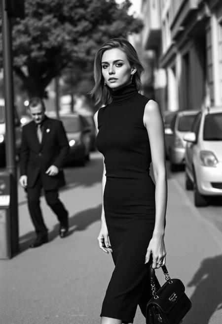 black and white photography, Ilford HP5 Plus, Lubitel 2, a beautiful woman in a skintight short black turtleneck sleeveless ribbed dress, walking down the street, fashion editorial