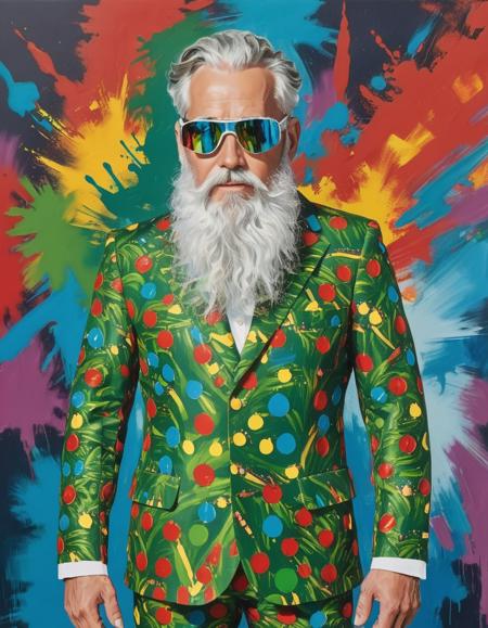 human android man with a big white beard wearing an xmas suit, holographic goggles, Abstract painting, vivid colors, expressive brushstrokes, artistic inspiration, visual intrigue, a sketch