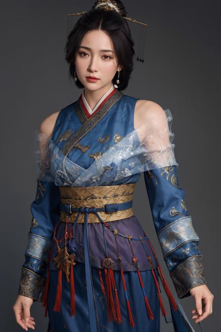 best quality,masterpiece,8k wallpaper,absurdres, highres, ultra detailed, (1 young beautiful girl, solo:1.1),realistic,hair ornament, black hair,cowboy shot, hair stick, chinese clothes, dress, looking at viewer, standing, brown eyes, sash, jewelry,realistic, blue dress.<lora:WLFD_LadyZhen_NOFACE:1>
BREAK