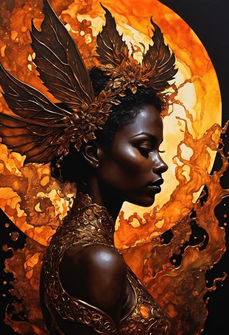 Silhouette Art, breathtaking ( absurdres divine aesthetic  FaeTastic extravaganza alcohol ink sketch). amazing, fine, detailed, masterpiece, lovely, charming, awe-inspiring, radiant, magnificent. (all dark hues and fine vibrant orange glowing smoldering accent and shiny gold color scheme:1.02). glossy.
<lora:InkArtXL_1.2:0.4> <lora:FaeTastic:0.35> . award-winning, professional, highly detailed . extremely high-resolution details, photographic, realism pushed to extreme, fine texture, incredibly lifelike, high contrast, well defined .