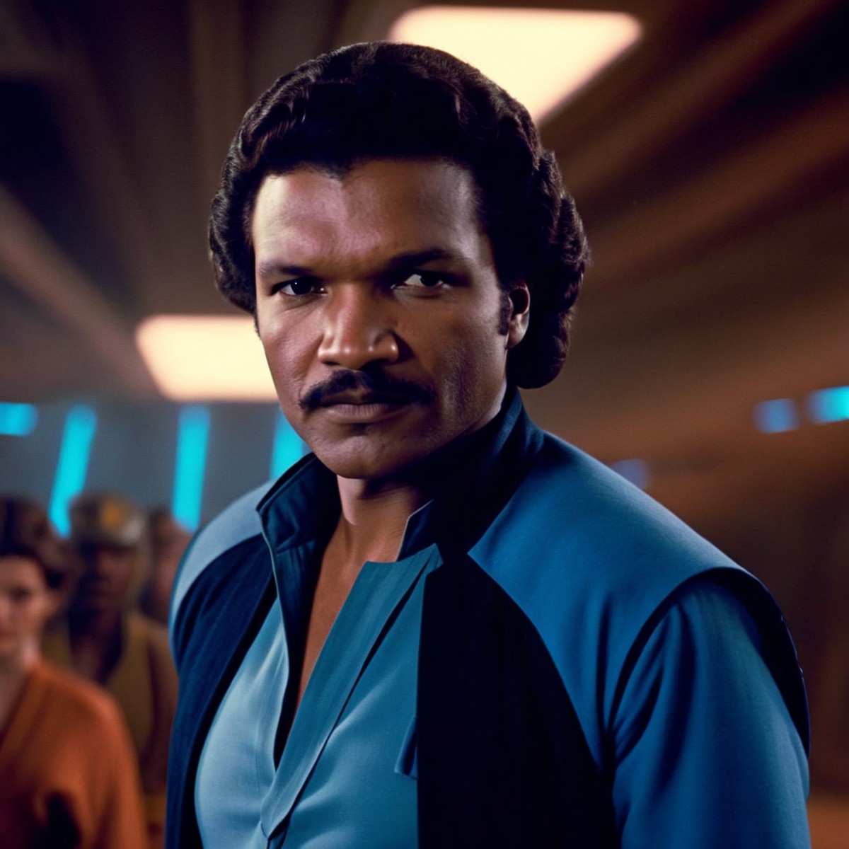 cinematic film still of  <lora:Lando Calrissian:1.2>
Lando Calrissian a man in a blue shirt and black pants in star wars u...