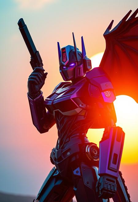 Female Robot, Purple and black Optimus Prime cowboy shot cinematic photograph with an orange and blue synthwave sun background. Slightly turned. Dragon theme.