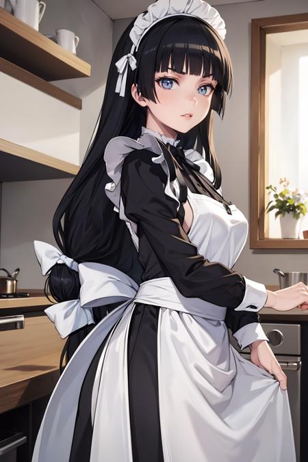 masterpiece, best quality, absurdres, UmeShiraume, low-tied long hair, white ribbon, maid, maid headdress, maid apron, kitchen, <lora:UmeShiraume:1>