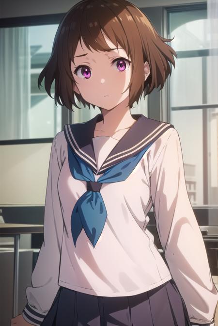 mayakaibara, <lora:mayaka ibara s1-lora-nochekaiser:1>,
mayaka ibara, short hair, brown hair, (pink eyes:1.3),
BREAK skirt, school uniform, serafuku, kamiyama high school uniform \(hyouka\), black skirt, long sleeves, black sailor collar, neckerchief, (blue neckerchief:1.5),
BREAK indoors, classroom,
BREAK looking at viewer, (cowboy shot:1.5),
BREAK <lyco:GoodHands-beta2:1>, (masterpiece:1.2), best quality, high resolution, unity 8k wallpaper, (illustration:0.8), (beautiful detailed eyes:1.6), extremely detailed face, perfect lighting, extremely detailed CG, (perfect hands, perfect anatomy),