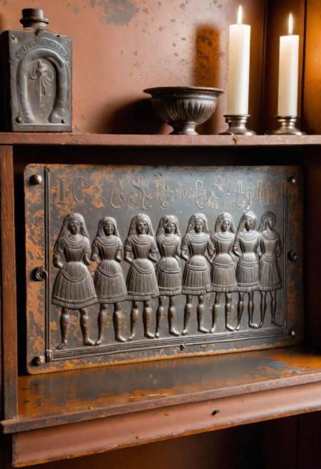 (an archaeological artifact with an illustration etched by hand on scratched and rusty metal, metal plate on a shelf in a 18yh century cabinet of curiosities, photo-realistic:1.3) Victorian men flirting with of a group of girls lifting their skirts to flash vagina,  bokeh, sharp focus on subject, full body, golden background