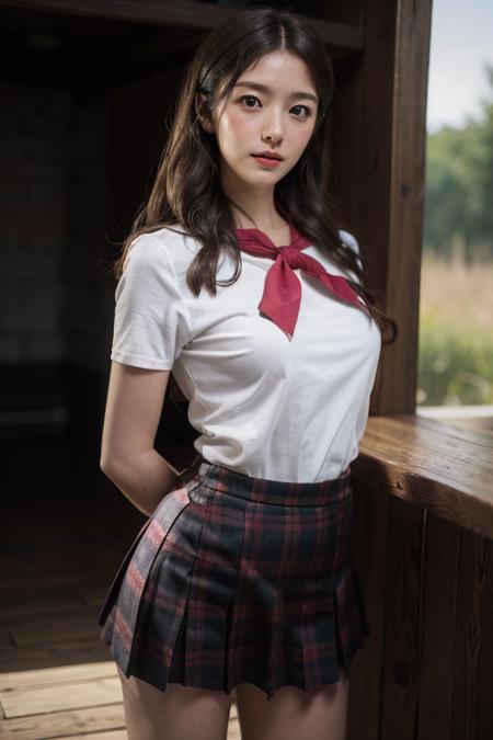 HDR,UHD,8K,best quality,masterpiece,realistic,1girl, solo, indoors, long hair, serafuku, looking at viewer, black hair, arms behind back, pleated skirt, neckerchief, plaid, plaid skirt, sailor collar, short sleeves, brown eyes, day, red neckerchief, standing, brown hair, realistic, best quality, ultra high res, (photorealistic:1.4), perfect light, small breasts, parted lips, black thighs, full body,best quality, ultra high res, (photorealistic:1.4), <lora:qingkong:0.7>