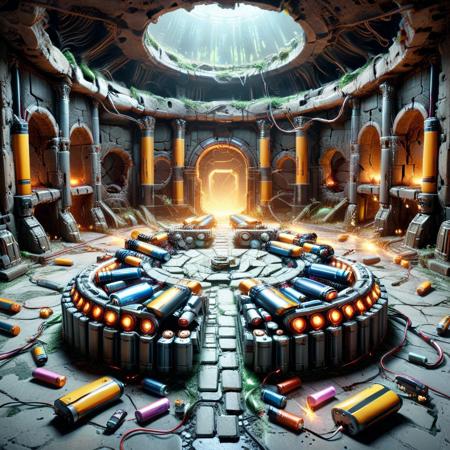 a forgotten coliseum where robots duel for stored charge, arena floor paved with spent batteries, neon signage blinking in forgotten scripts, crowds of broken units watching silently, electric vines growing from the walls, B4TT3R13S, made of batteries