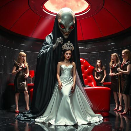 high-society elegant slender norvegian rich innocent young bride posind in front of whorish red glossy bed. She is ensnared by a towering, gray human-like alien, draped in a long, glossy black slime cloak, its eyes gleaming red with an otherworldly intensity.   its hands touching her head putting slime tentacles tiara  on her. Encased in light beam from the alien breeding chamber celling/ Surrounded by strict ladies wearing  glossy satin dominatrix attire and glossy high heels,  holding whips.   weird wet-look black slime  walls and floor, colossus observation blister to outer space full of stars, bright red moon, vintage-inspired makeup, long hairs, ultra thin waist, evil grin, porcelain skin, lipstick, red nails, in the style of a haunting, retro-futuristic 1950s sci-fi nightmare, horror, alien space base,,