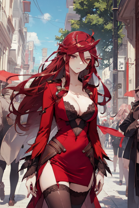 MaXiaotaoManhua, 1girl, very long hair, large breasts, cleavage, thighhighs, red dress, red hair, 