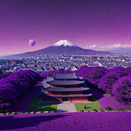 (stylized by Kunio Okawara:1.0) and (Takashi Murakami:1.0) and (Tsubasa Nakai:0.8) and (KÅji Morimoto:1.2) , anime key visual, (Acid colors theme:0.7) , landscape of a Foul Eclectic (Copenhagen:1.3) from inside of a Temple of Literature, dark violet mountains and Meteor in background, at Midday, Zen, monotype, soft light, telephoto lens, Hypersaturated, vintage, cozy,"I'm on top of the world, hey.", masterpiece, photolab