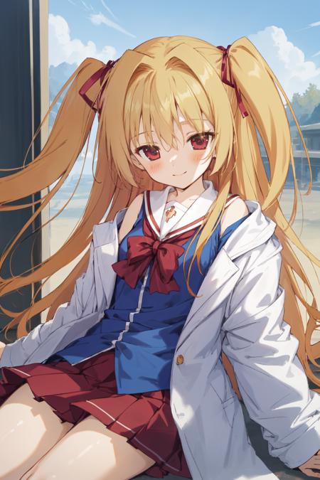 <lora:nikaidou_shinku:0.7:lbw=KoChar>,nikaidou shinku,1girl, best quality,red pleated skirt,two side up, hair ribbon, blue shirt,labcoat, school uniform,bare shoulders, seductive smile,  sleepy,sky,feathers,