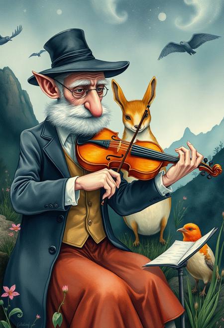 A musician practicing a violin solo, while an older tutor looks on with an approving, but slightly exasperated, expression
,
whimsical yet surreal illustration, soft watercolor naturalism blended with eerie dreamlike symbolism, anthropomorphic animals in mysterious landscapes, delicate fine brushwork with hidden unsettling details, nostalgic storybook atmosphere with quiet surreal undertones, transformation and metamorphosis themes