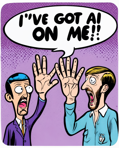 ( comic speech bubble "I'VE GOT AI ON ME FINGERS!!!":1.6), (Ringo Starr raises his hands in front of him and yells:1.15), An homage to Munch's "The Scream", by john Wilhelm, (mutated hands and fingers:1.2) <lora:BetterTextRedmond:1>