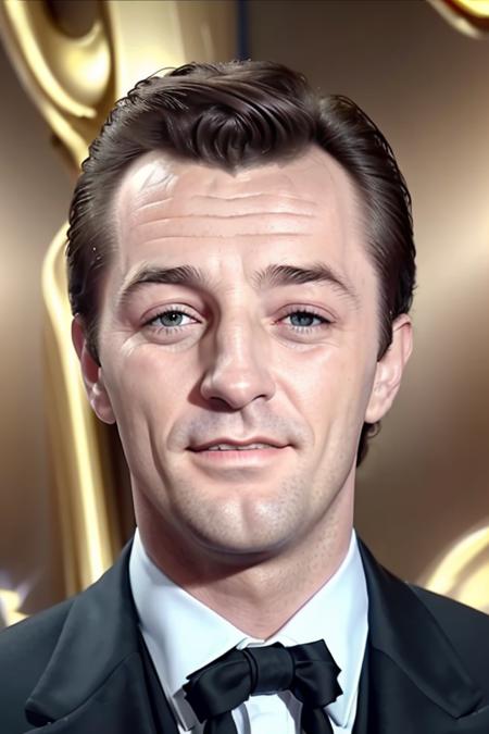 a man in a stunning suit, at the crowded oscars, upper body, close up, raw, 8k uhd, [smiling:0.3] <lora:robertMitchum:1>