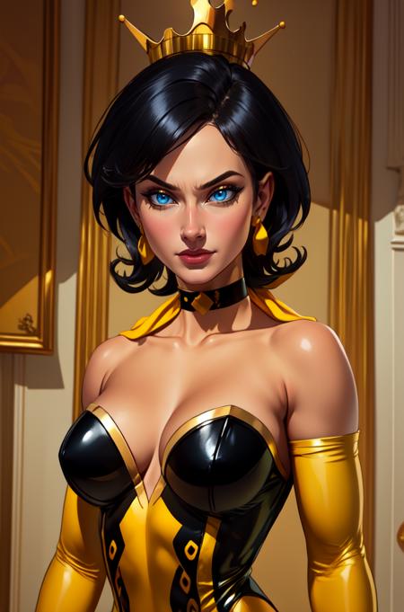 Girlfriend, black short hair, earrings, standing, upper body, bored expression,   blue eyes, 
GirDre, yellow elbow gloves, yellow choker, black leotard, yellow ribbon choker, yellow cape,  gold crown on head,
evil lair, 
(insanely detailed, beautiful detailed face, masterpiece, best quality) <lora:Gfriend:0.7>