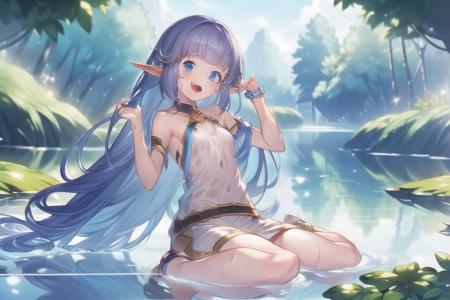 <lora:lily-Counterfeit-V3.0:1>, solo, 1girl, field of deapth, lily_\(granblue_fantasy\), granblue fantasy, elf, shilver hair, very long hair, blue eyes,  small breasts, collarbone, sitting, nature, wet,