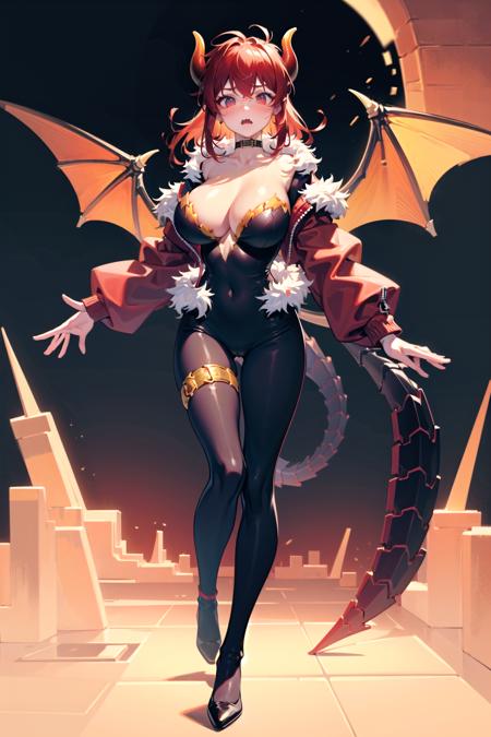 (detailed face and eyes:1.3),full body,
<lora:niji_dola-10:1>,niji_dola,dola \(nijisanji\),dragon girl,solo,red hair,horns,red eyes,dragon horns,large breasts,cleavage,blush,hair between eyes,dragon tail,tail,navel,thigh strap,collarbone,choker,huge breasts,scales,fangs,black footwear,single leg pantyhose, 
Ultra-detail,(highres:1.1),best quality,(masterpiece:1.3),cinematic lighting,