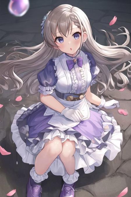 Hisakawa Hayate,
braided bangs, earrings, blue eyes, very long hair,
dress, solo, gloves, frills, frilled socks, short sleeves, purple footwear, brown hair, puffy sleeves, puffy short sleeves, frilled dress, spoon, petals, bubble, looking at viewer, flower, white gloves, see-through sleeves, purple dress, socks, food, see-through, white socks, bangs, plate, cup, shoes, frilled gloves, :o, fork, open mouth, bobby socks, floral print, purple flower
  <lora:hisakawa-v2.0-r1:1>