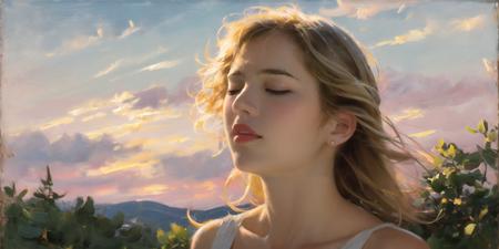 1girl, solo, closed eyes, blonde hair, realistic, upper body, outdoors, closed mouth, painterly, lips, sky<lora:oil_painting:0.9>