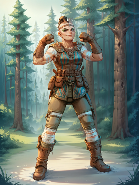 Sham4nForHonor, 1girl, shaved head, topknot gloves, boots, bandages, pants, pouches, armor, leather headband