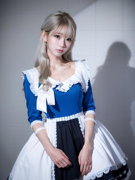 best quality, yurisa,ultra high res, (photorealistic:1.4), 1girl, solo focus, ((blue long dress)), elbow dress, black thighhighs, frills, ribbons, studio background, (platinum blonde hair:1), ((puffy eyes)), looking at viewer, facing front,