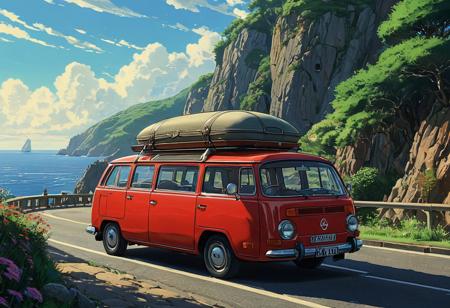 (studio ghibli digital drawing), best quality, masterpiece, extremely detailed,  professional  art,  professional painting, an extremely delicate and beautiful, dynamic,  great lighting, perfect shading, professional shading, depth of field,   side soft light, elegant, gorgeous, highly detailed,   full shot, uncropped,   pure genious, absolutely perfect,  highly detailed, breathtaking, classic red supermini, comfortable and sleek, roofrack, luggage on roof, retro futuristic, dynamic turn around a corner, beautiful coastal road,