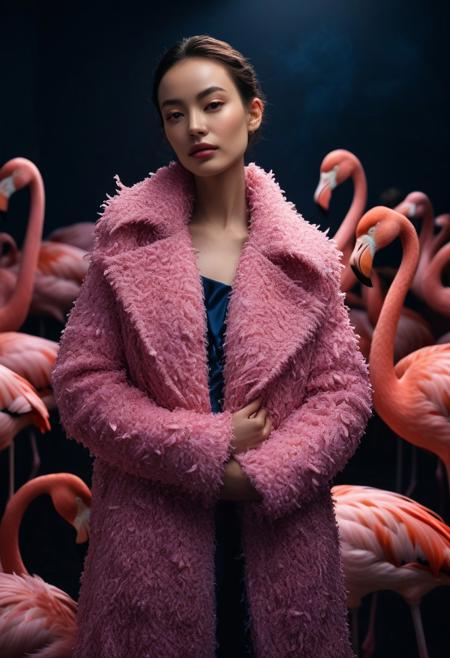 cinematic photo of a woman with a pink feather coat hugging a group of elegant pink flamingos in a black studio background, surrealism, coat designed by Balenciaga, nostaligic mood, dark blue, rembrandt lighting, blue and warm lights, shot with Hasselblad X1D, A cinematic, hyper-detailed, National Geographic-style composition, shot with a Canon EOS R5, f/1.4 aperture, soft bokeh background, 8K resolution, photorealistic,