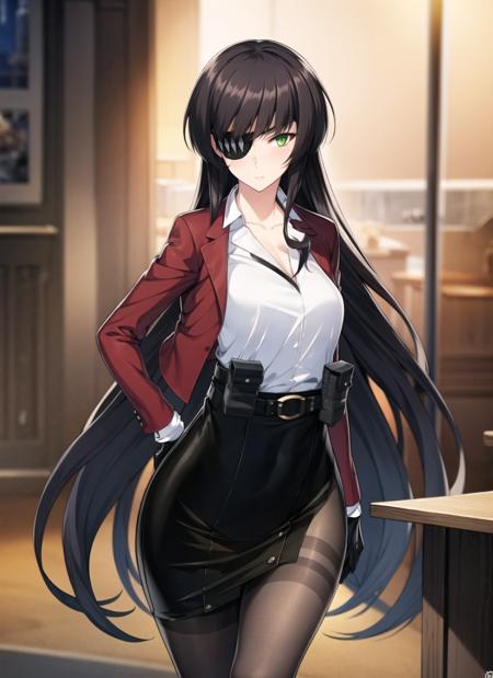 masterpiece, best quality, ultra-detailed, illustration, warm lighting, bright colors, 1girl, solo, very long hair, eyepatch, bangs, green eyes, black hair, 

shirt, red_jacket, pencil_skirt, pantyhose, gloves, collared_shirt, belt, ammo pouch, detailed hands, sheath, hands on thighs, hands_on_hips, hand_between_legs,

 <lora:leejisoo:0.7>