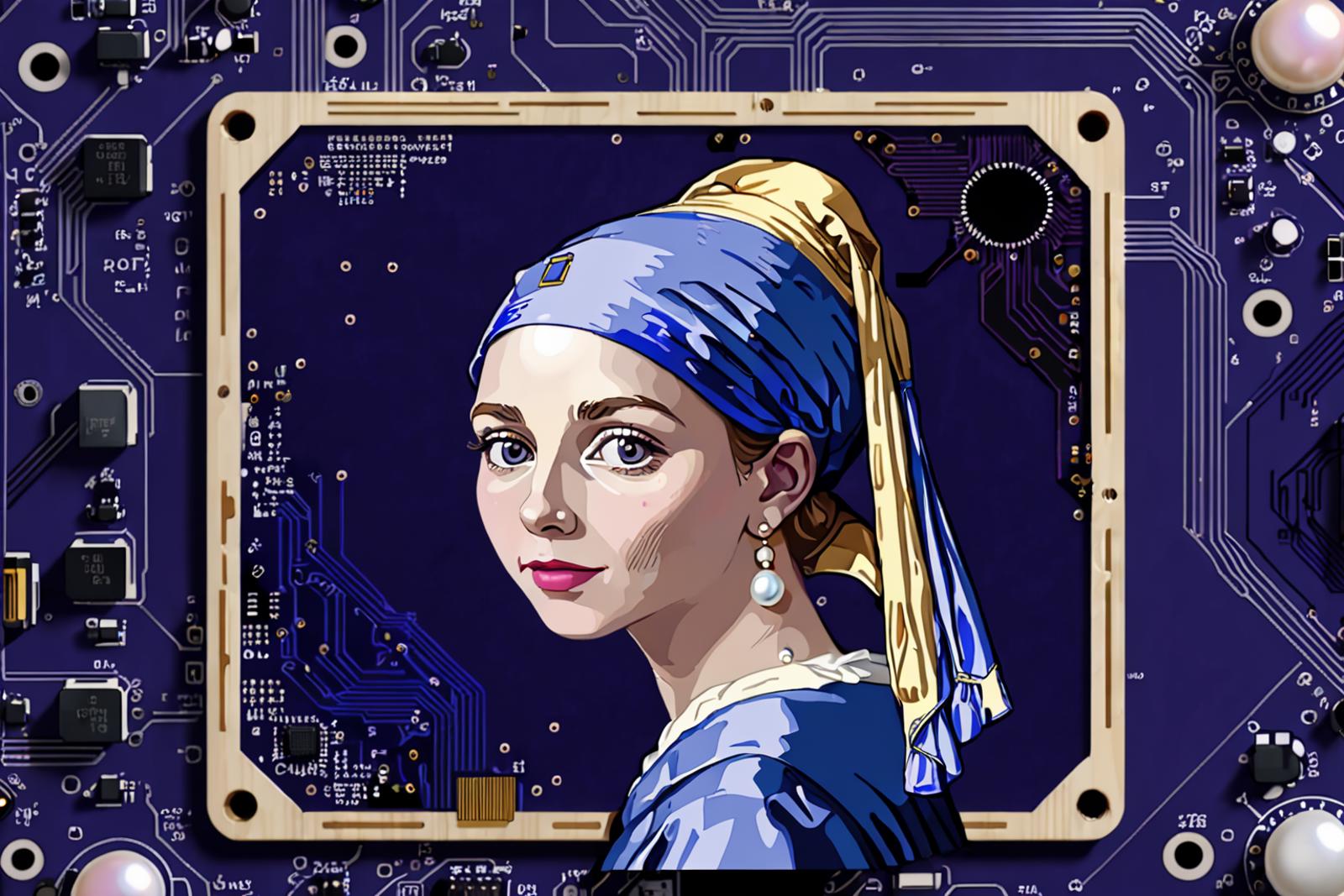 Portrait of a Woman with Blue Scarf and Pearl Earrings on a Circuit Board Background