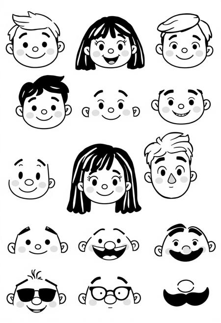 a page of black and white doodle cartoon characters, simple line art style, white background, no shadows, no shading, vector illustration, pixar inspired characters, cartoon faces with different expressions, high contrast, bold lines, exaggerated features, symmetrical composition, cool tones, playful mood.