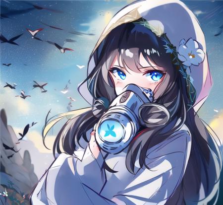 1girl, solo, flower, blue eyes, mask, bird, hood, looking at viewer, holding, long hair, black hair, white flower, gas mask, tattoo, hood up, bottle, leaf, upper body, plant, respirator <lora:nijilandscape:1>