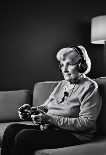 <lora:karsh_style_1-000008:1> monochrome karsh style, a focused old woman wearing gaming headset playing playstation sitting on a couch, dim lighting, medium shot