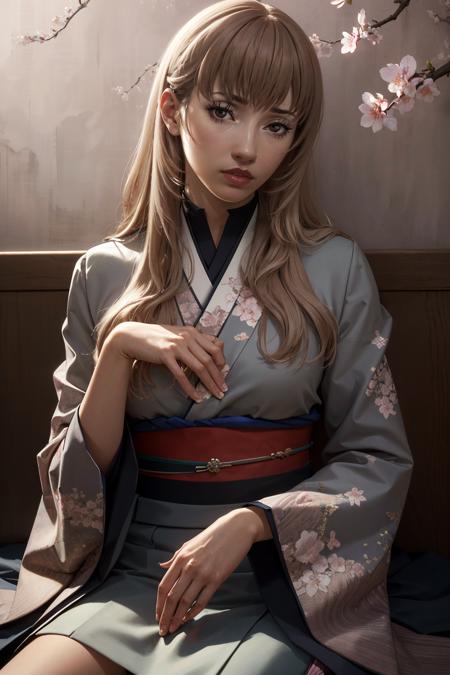 (solo, 1girl), (absurdres, highres, official wallpaper, poster), (masterpiece, best quality:1.2), (illustration, realistic), (perfect details, highest detailed, extreme detailed), dramatic light,
CKatherine, long hair, in a traditional kimono, surrounded by cherry blossoms, one hand on the thigh
 <lora:CKatherine:0.8>