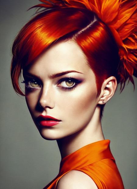 modelshoot style, portrait of sks woman by Flora Borsi, style by Flora Borsi, bold, bright colours, orange Mohawk haircut, ((Flora Borsi)), <lora:locon_emmastone_v1_from_v1_64_32:1.4>