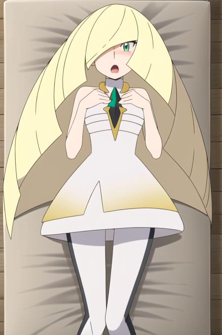 (masterpiece), high quality, detailed background, 1girl, solo,
<lora:PokemonLusamine-v3-07:0.9>, ChopioLusamine, blonde hair, long hair, very long hair, hair over one eye, green eyes, eyelashes, (looking at viewer:1.3),
mature female, large breasts, long legs,
outfit_1, turtleneck, two-tone dress, bare shoulders, short dress, sleeveless dress, green gemstone, (two-tone legwear:1.4), leggings,
bedroom, (white:1) bed, (white:1) bed sheet, (white:1) pillow, head on pillow, on bed, (on back, lying on bed:1), from above, embarrassed, shy, open mouth, (blush:1.4)