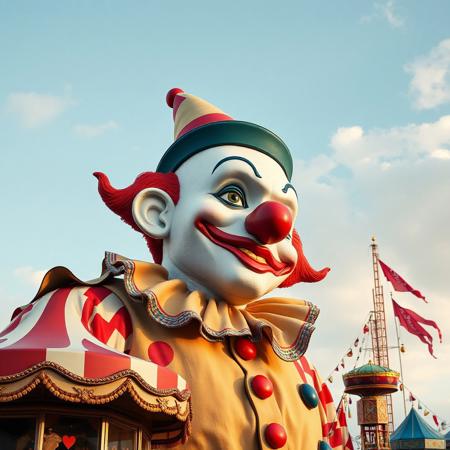 amusement park, giant clown in the sky,