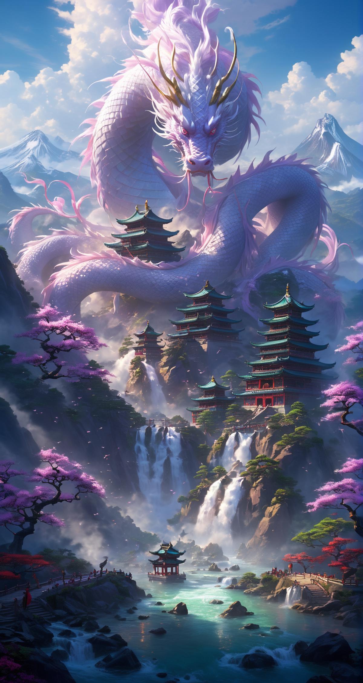 A painting of a dragon with a pink and white body, surrounded by towers and waterfalls.