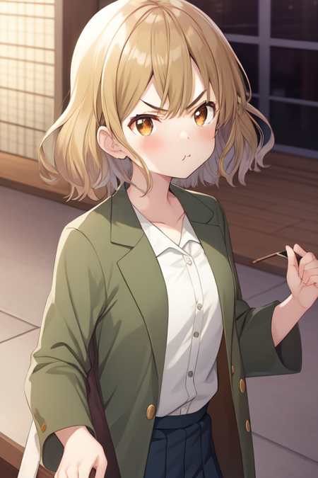 mishimayuzuha, 1girl, solo, green jacket, white shirt, v-shaped eyebrows, wavy hair, pout