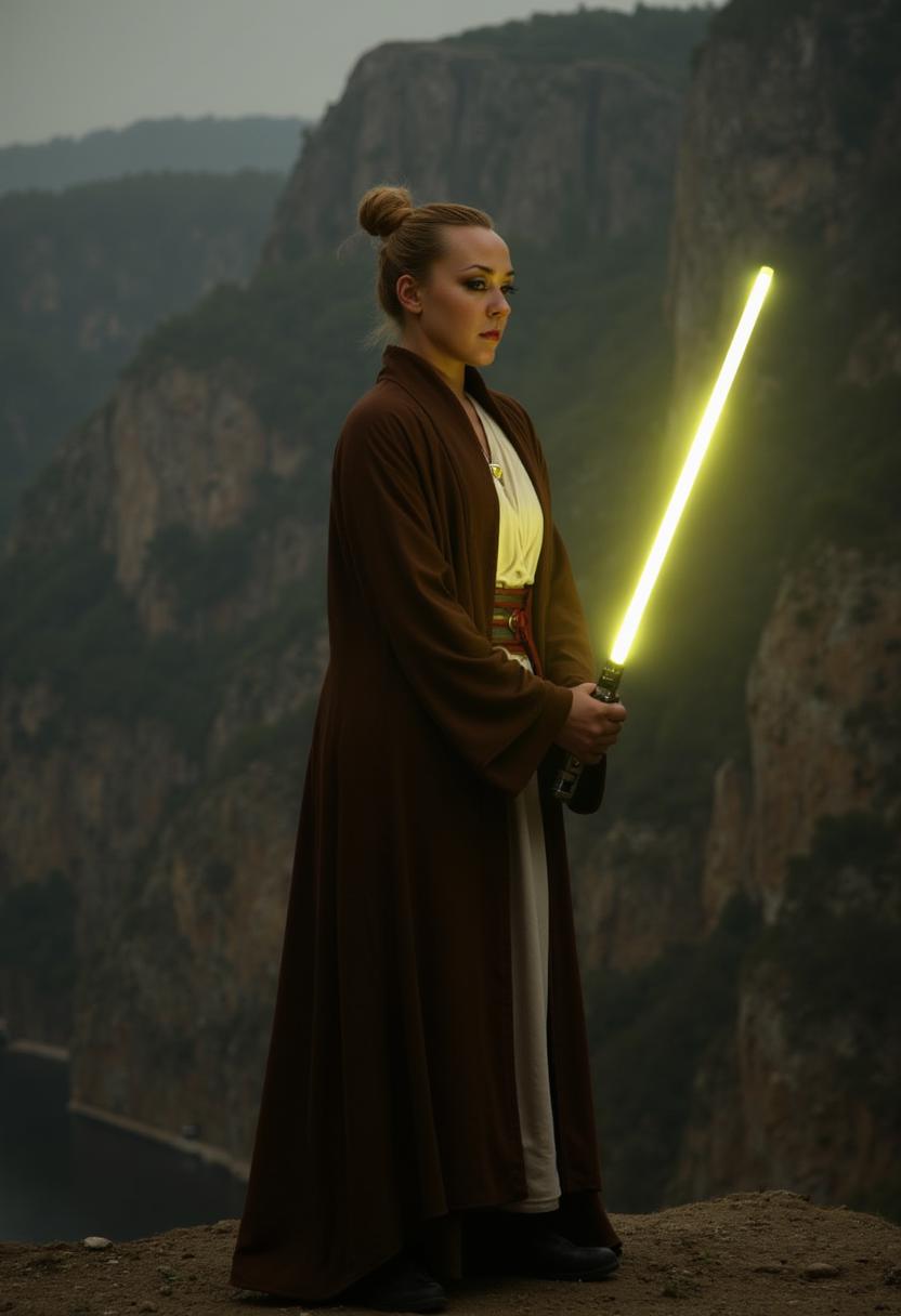 a raw high resolution sharp photo of Riley Reid, highly detailed skin, her hair is styled in a bun , she is wearing a jedi robe, the photo is a full body shot, she is standing near a cliff while holding a yellow lightsaber, the photo is symmetrical, depth of field, volumetric lighting, the lighting is dramatic and moody