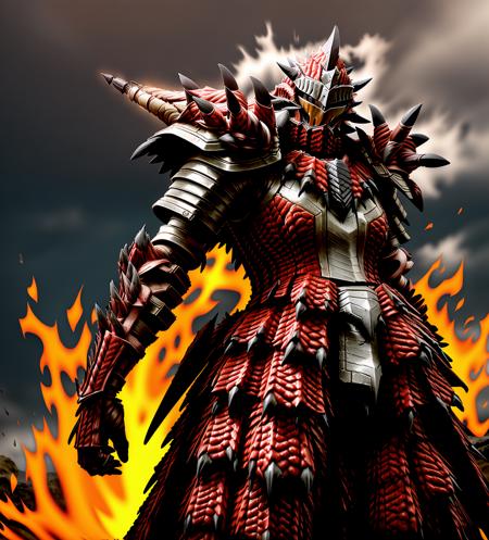 <lora:Rathalos_Armor:0.8>, rathalos armor, man wearing rathalos armor, battlefield background, fire and brimstone, volcano, Masterpiece, realistic looking armor,