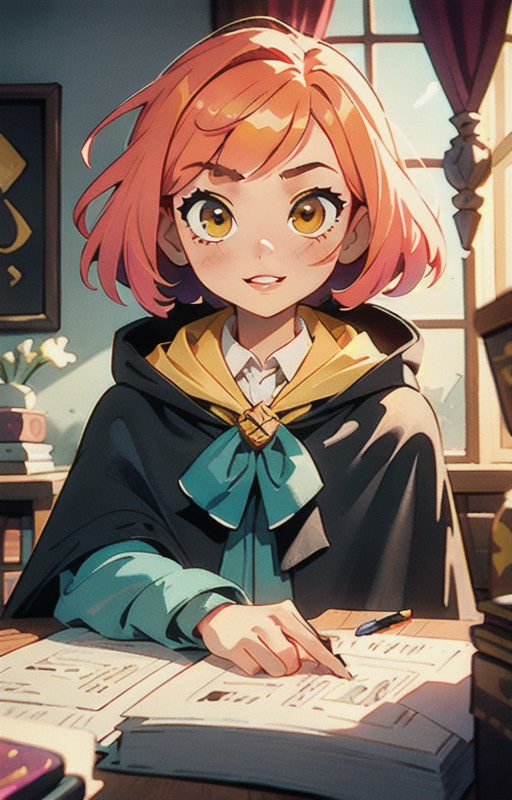 1girl, short pink hair,(hufflepuff House Cloak),( inner cloak yellow:1), (outer cloack black:1),yellow eyes, looking at vi...