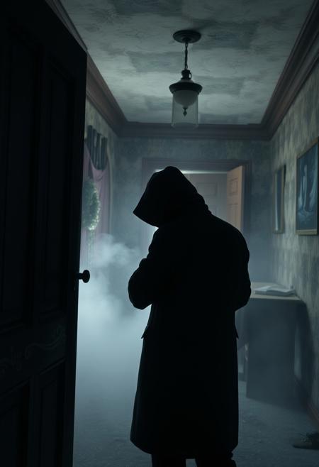 Secret detective, there has been a mysterious murder in an abandoned house. Misty interior. Time of murder is Christmas eve