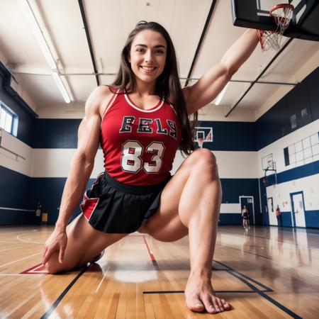 RAW photo, realistic, intimate scene involving one woman, one muscular (mesogts) woman, (red and black basketball uniform), (sitting on floor), looking down, (voluptuous), minigts, long shot, (group), flustered face,1girl, brown braided hair, (high detailed skin), indoors, (inside gymnasium), (stands, basketball court, wood floors, stadium seating, hoop, metal beamed ceiling, school gym), ((group of people in the background)), (surrounded by group of people), 8k uhd, dslr, soft lighting, high quality, film grain, Fujifilm XT3, full body portrait, [smile512],  Scottish face woman, <lyco:minigts_v3_lycoris:0.6>,<lora:muscularfemalevariety:0.5>