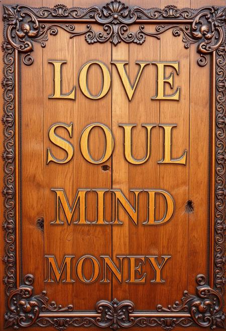 A large, ancient wooden sign, masterfully carved with exquisite, elaborate designs, evoking the romantic and artistic spirit of old-world Italy. The wood is rich and warm, reminiscent of Tuscan oak, with intricate patterns along the edges, featuring swirling vines, olive branches, and Romanesque filigree, echoing the Renaissance craftsmanship of Florence or Venice. Embedded in the wood are faint, mystical runes, alongside delicate carvings of Italian motifs—grapes, cypress trees, and faint outlines of ancient Roman columns, blending seamlessly with the deep grain and rich texture. The surface has a time-worn, rustic charm, with small cracks, knots, and hints of moss, like something pulled from an Italian countryside.
Each letter is gracefully carved in a flowing, elegant font, reminiscent of Italian calligraphy, arranged over four lines: ‘LOVE,’ ‘SOUL,’ ‘MIND,’ and ‘MONEY.’ The letters are subtly embellished with decorative flourishes, blending the romance of Italian design with the ancient, mystical artistry of the sign. It radiates the warmth, passion, and timeless beauty of Italy, as if it belongs in a quiet piazza or hanging outside a hidden trattoria, holding ancient wisdom within its intricately carved surface