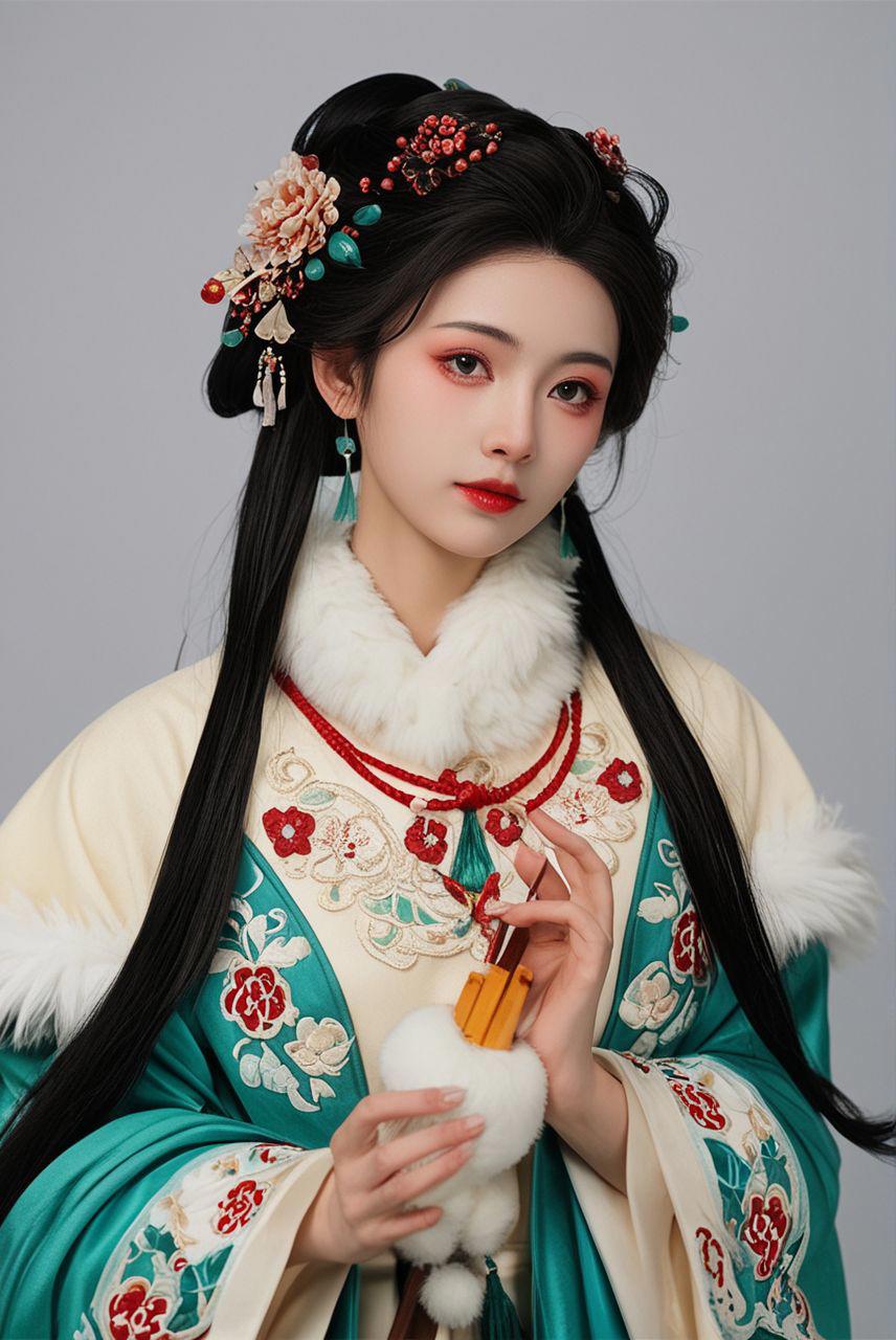 score_9,score_8_up,score_7_up,score_6_up,score_5_up,score_4_up,
Huqiu: A figure draped in traditional Chinese attire,her garment a symphony of emerald and cream,embroidered with floral motifs and framed by a luxurious white fur trim. In her hands,she cradles a small,intricately designed censer,an artifact of ancient Chinese culture,its smoke curling gently upwards.,