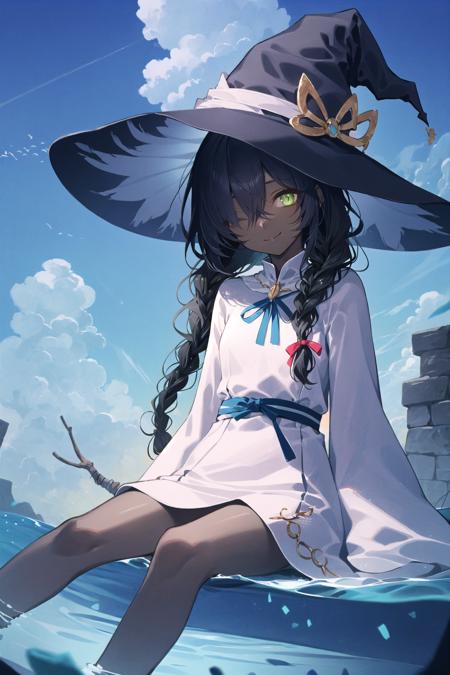 owl, 1girl, dark skin, bird, black hair, braid, looking at viewer, smile, dress, green eyes, sitting, dark-skinned female, hat, glowing, white dress, long hair, hair over one eye, long sleeves, animal, nature, barefoot, solo, bandages, wide sleeves, closed mouth, white headwear, witch hat, single braid, one eye covered, bandage over one eye, too many ,cloud, sky, scenery, reflection, day, blue sky, outdoors, cloudy sky, water, reflective water 
//,
///////////  <lora:netural-000193:1>