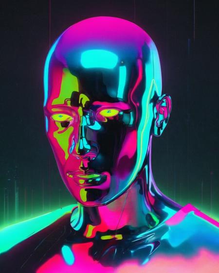 a man with a bald head and a neon colored shirt on his shirt is looking at the camera with a serious look on his face, Beeple, technicolor, cyberpunk art, futurism<lora:digital_human:1.0>